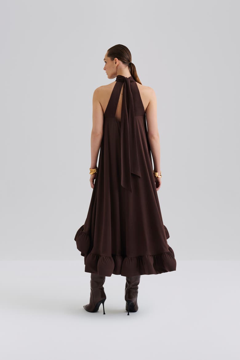 Sabrina Halterneck Ruffled Midi Dress, Alternate, color, Chocolate