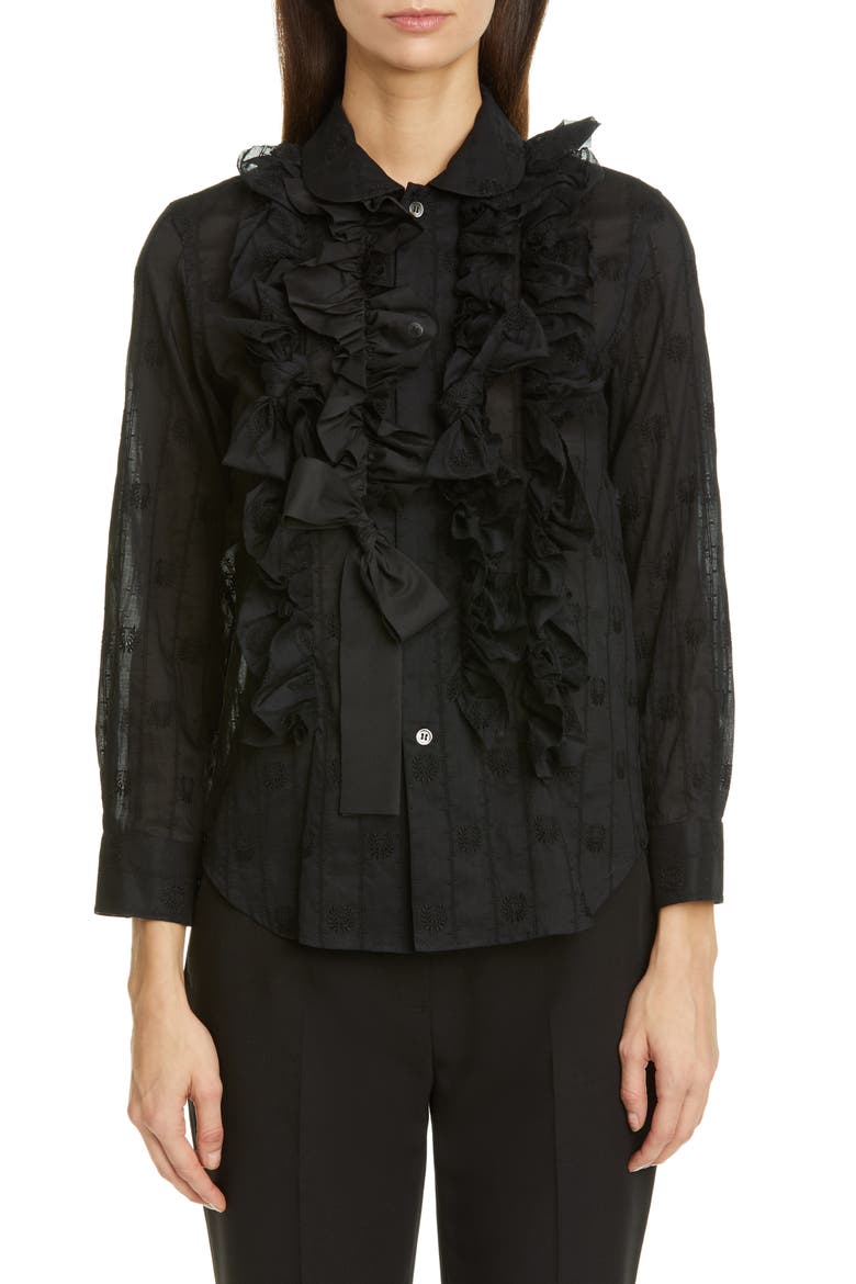 Tricot Comme des Garçons Bow Ruffle Detail Embroidered Shirt, Main, color, BLACK