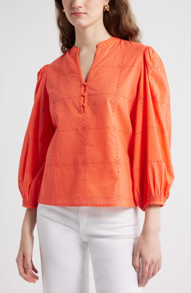 Caslon<sup>®</sup> Eyelet Embroidered Cotton Popover Top, Main, color, Coral Hot