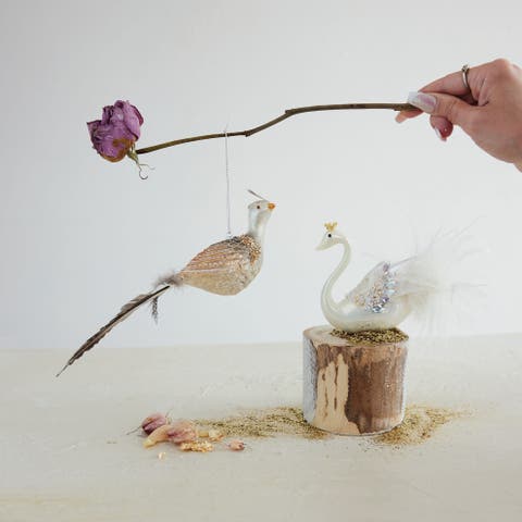 Jeweled Glass Swan Ornament with Feathers and Iron Crown