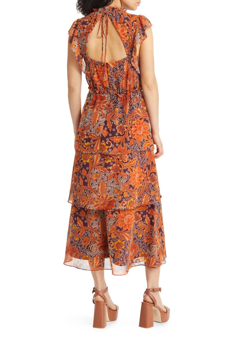 Floral Tiered Flutter Sleeve Midi Dress, Alternate, color, BROWN MULTI