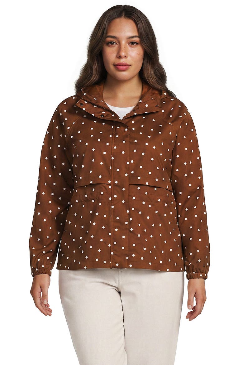 Plus Size Print Squall Packable Rain Jacket, Main, color, Rich Ginger Brown Dot