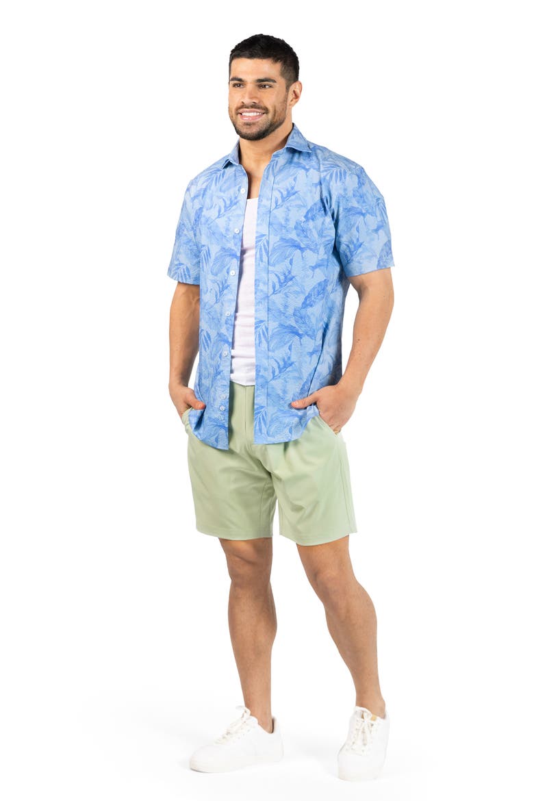 Tropical Leaves Short Sleeve Button-Up Shirt, Alternate, color, CORNFLOWER BLUE
