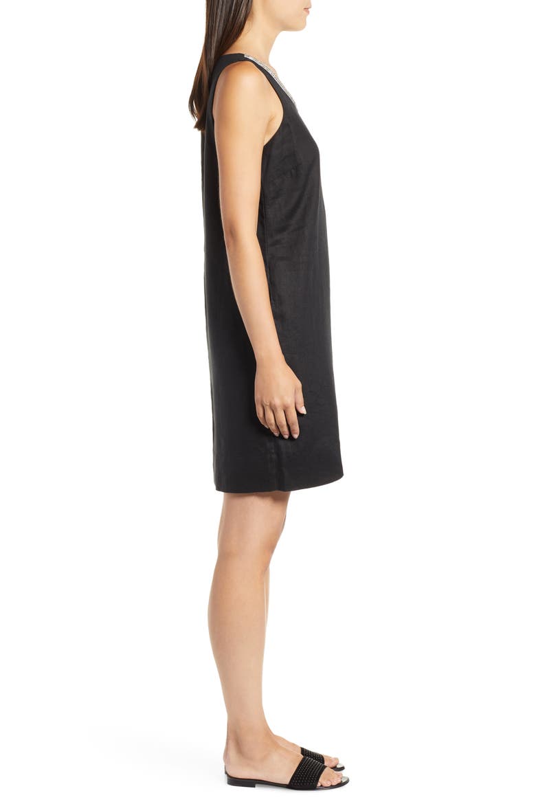 Linen Embellished Shift Dress, Alternate, color, BLACK