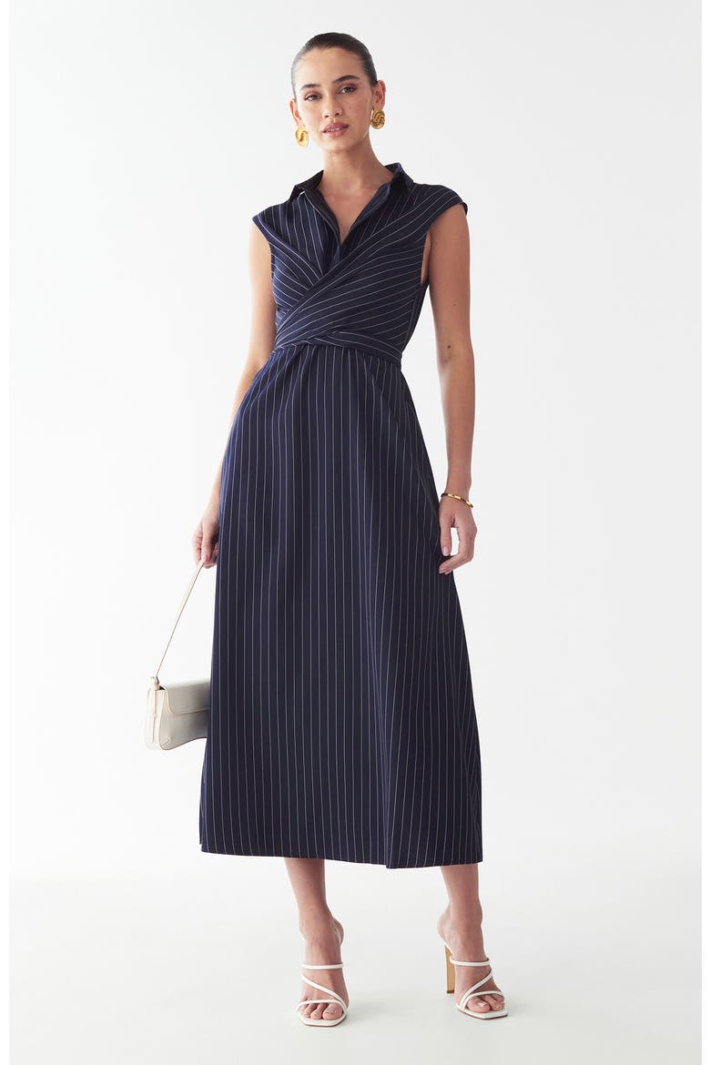 Gaia Midi Dress, Alternate, color, Navy Pinstripe