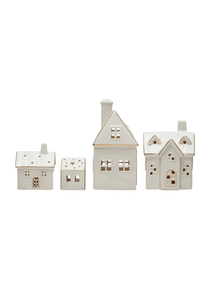 Stoneware Village with LED Lights and Electroplating, White, Set of 4, Main, color, White