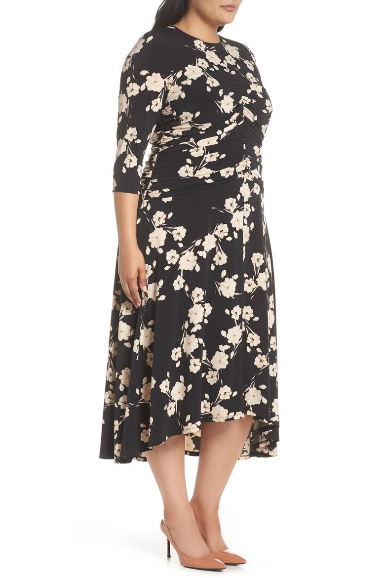 Ruched Floral Midi Dress, Alternate, color, BLACK/ CORAL