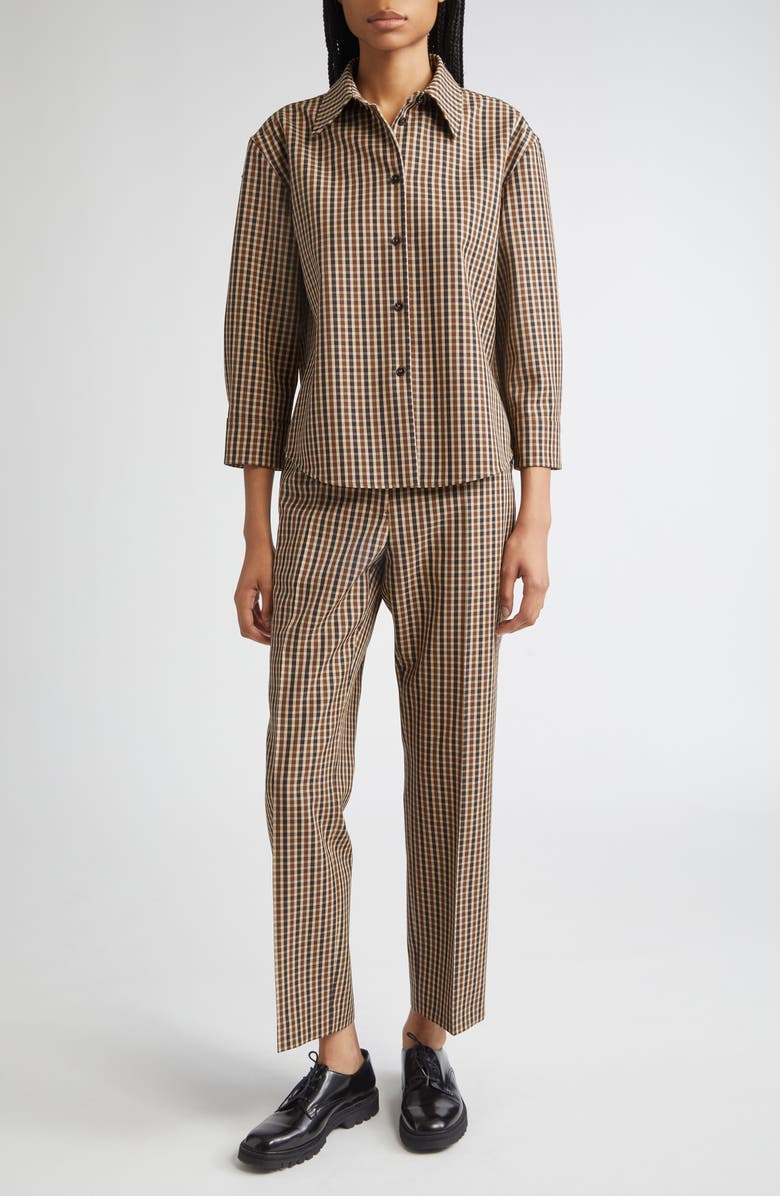 Jil Sander Classic Check Three-Quarter Sleeve Crop Button-Up Shirt, Alternate, color, Hazelnut Mouline