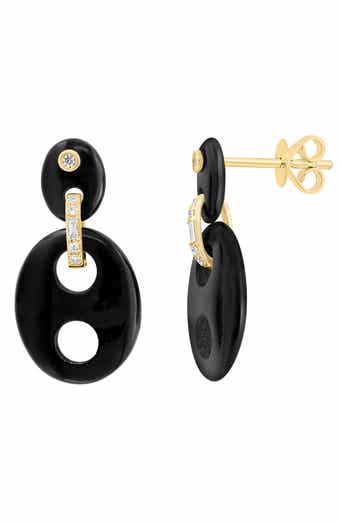 14K Yellow Gold Diamond & Onyx Drop Earrings