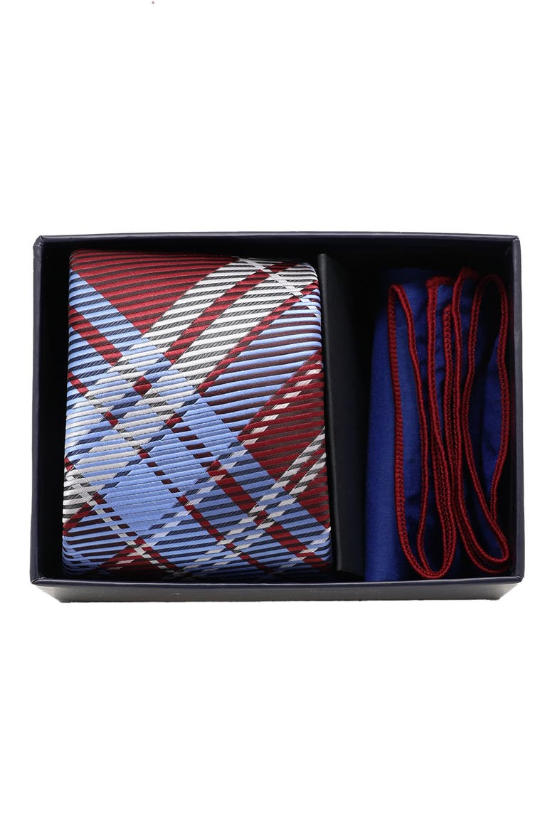 Plaid Tie & Pocket Square Box Set, Alternate, color, BURGUNDY NAVY
