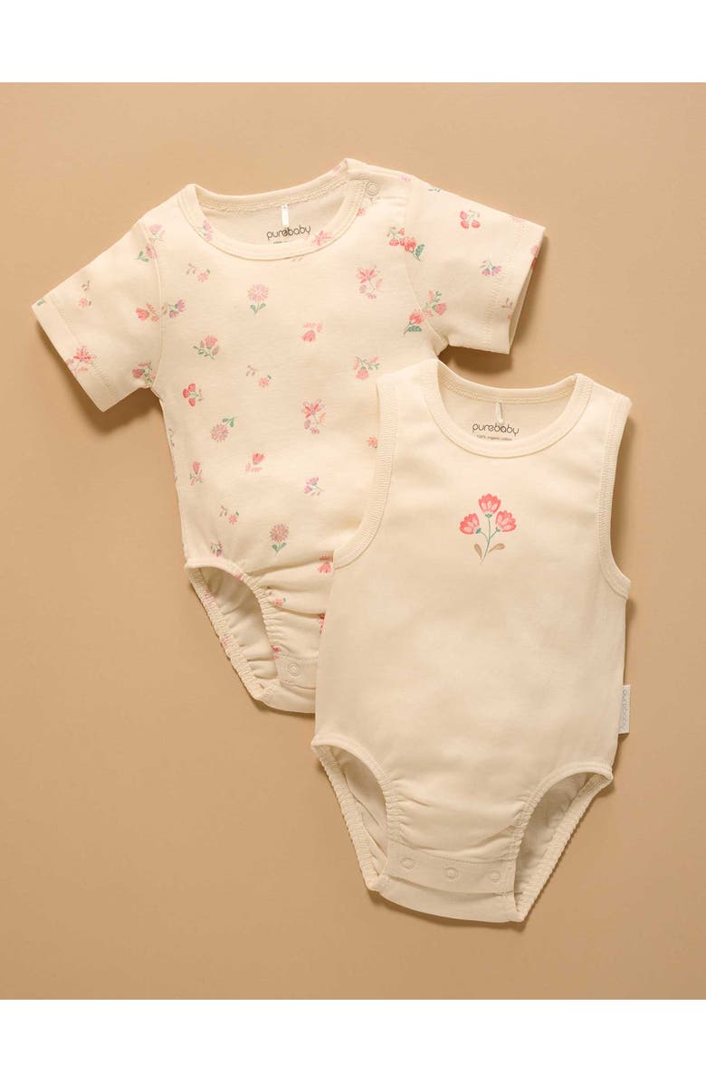 Purebaby 2 Pack Short Sleeve Ribbed Bodysuit Floral, Alternate, color, Emilia Print