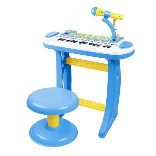 Qaba Kids Toy Keyboard Piano, Stool, Microphone, Flashlight in Blue 