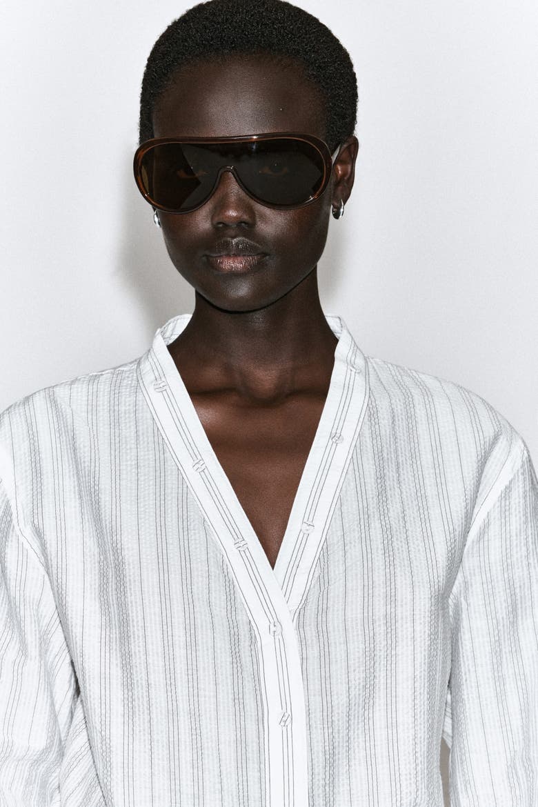 Ruffle-Collar Seersucker Blouse, Alternate, color, WHITE / STRIPED