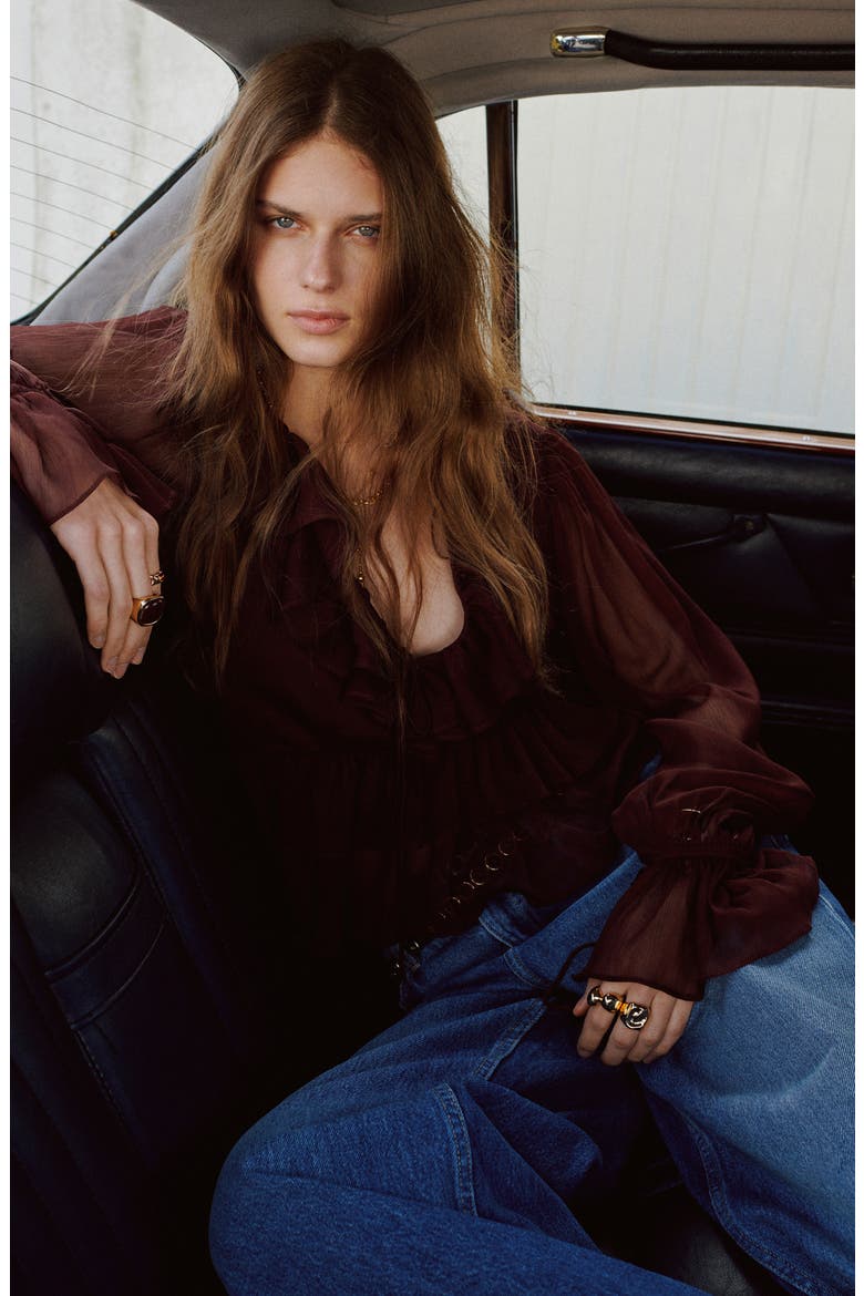 Sheer Ruffle Shirt, Alternate, color, CHOCOLATE