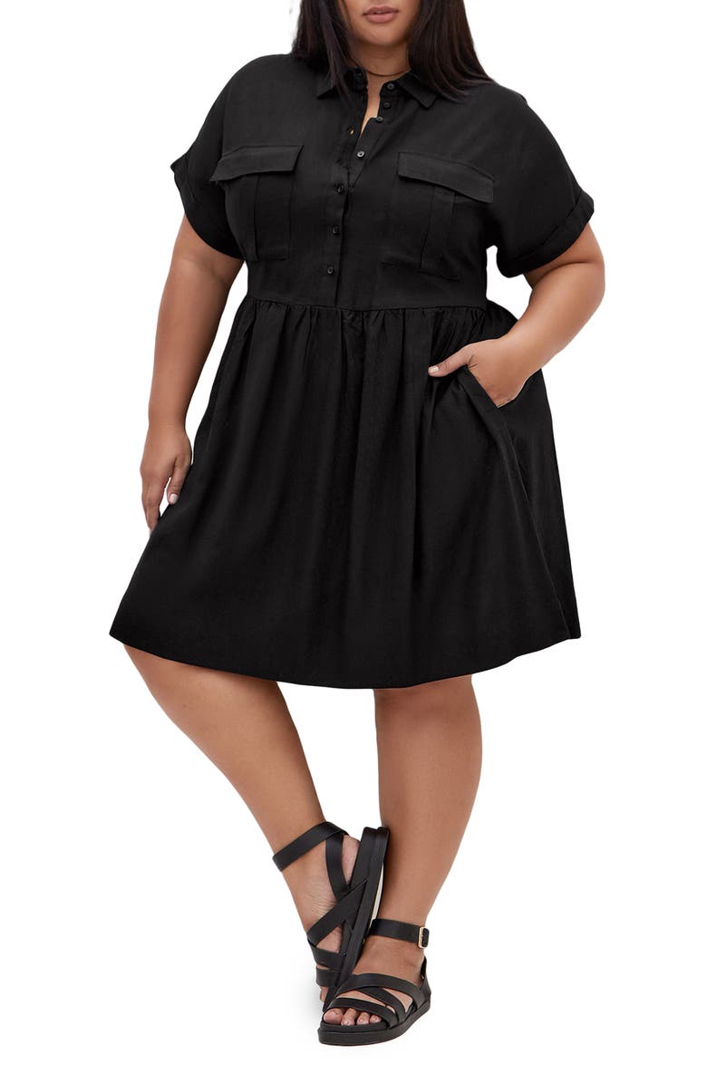 City Chic Lyra Tiered Shirtdress, Main, color, Black