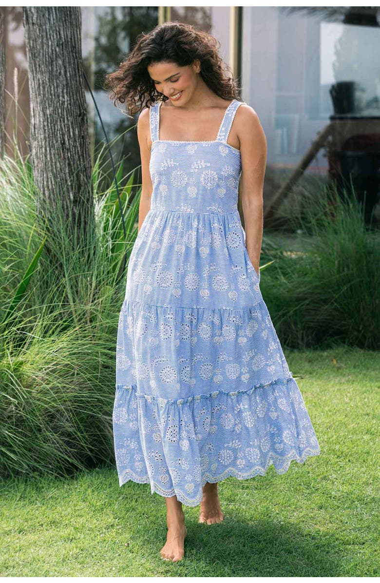 Change of Scenery Lizzie Pinstripe Eyelet Tiered Midi Dress, Alternate, color, Sky/Natural