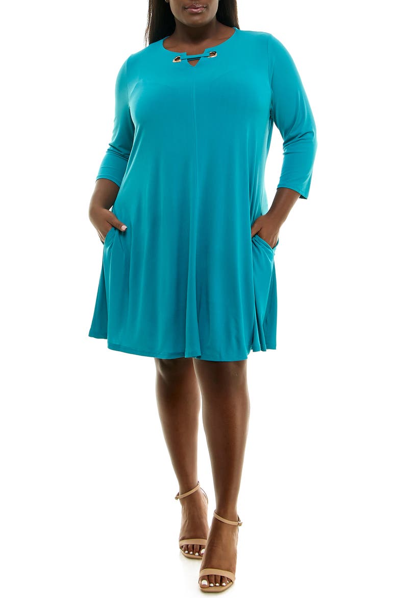 Three-Quarter Sleeve Trapeze Dress, Main, color, PACIFIC/GOLD