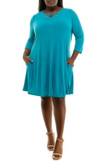 Nina Leonard Three-quarter Sleeve Trapeze Dress In Blue
