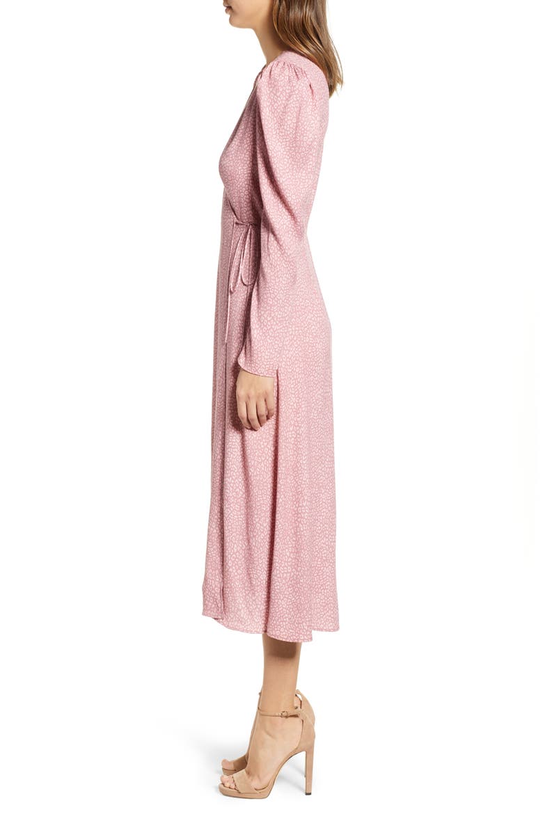 Caley Wrap Midi Dress, Alternate, color, PINK LEOPARD