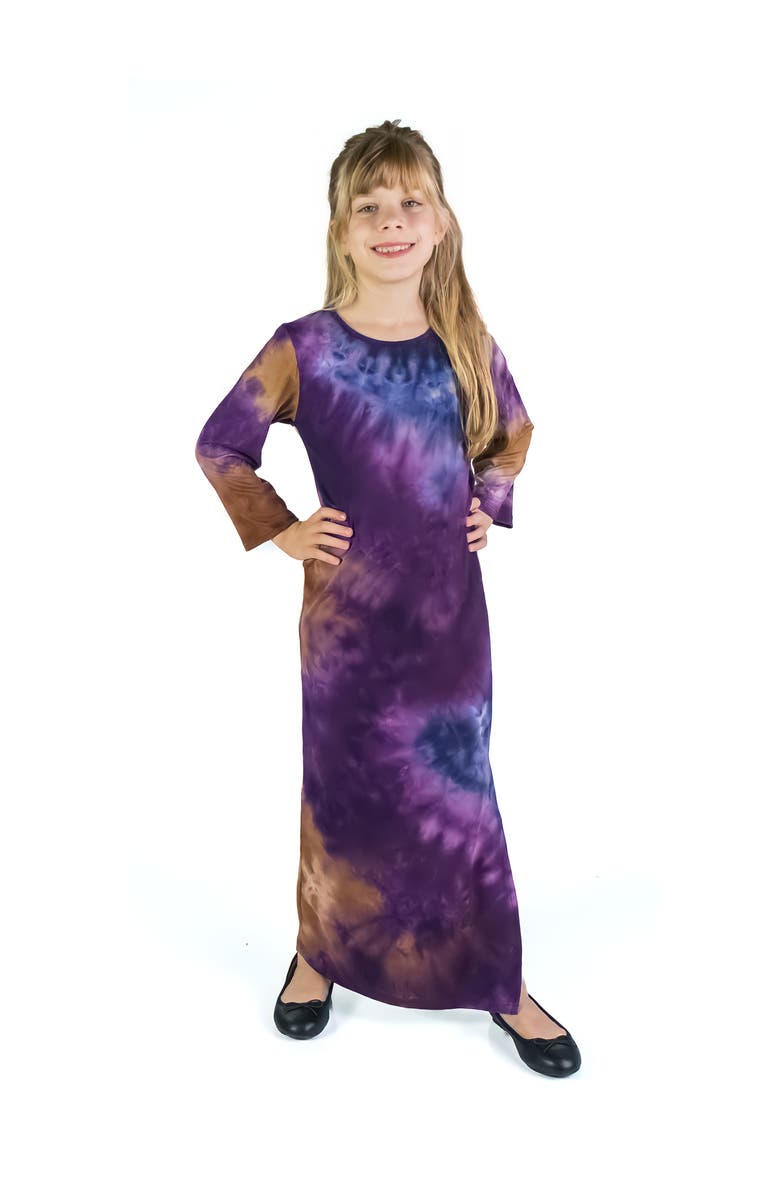 24sevenKid Purple Tie Dye Long Sleeve Side Slit Maxi Dress, Alternate, color, Purple Multi