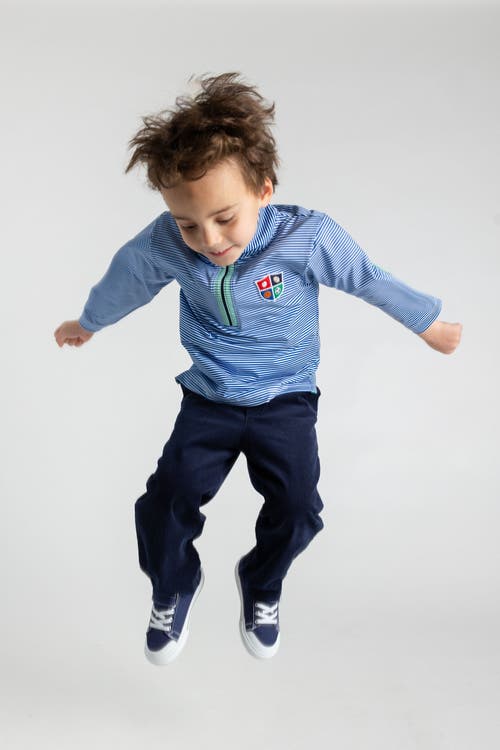 Florence Eiseman Stripe Performance Knit Half Zip With Sports Crest In Blue