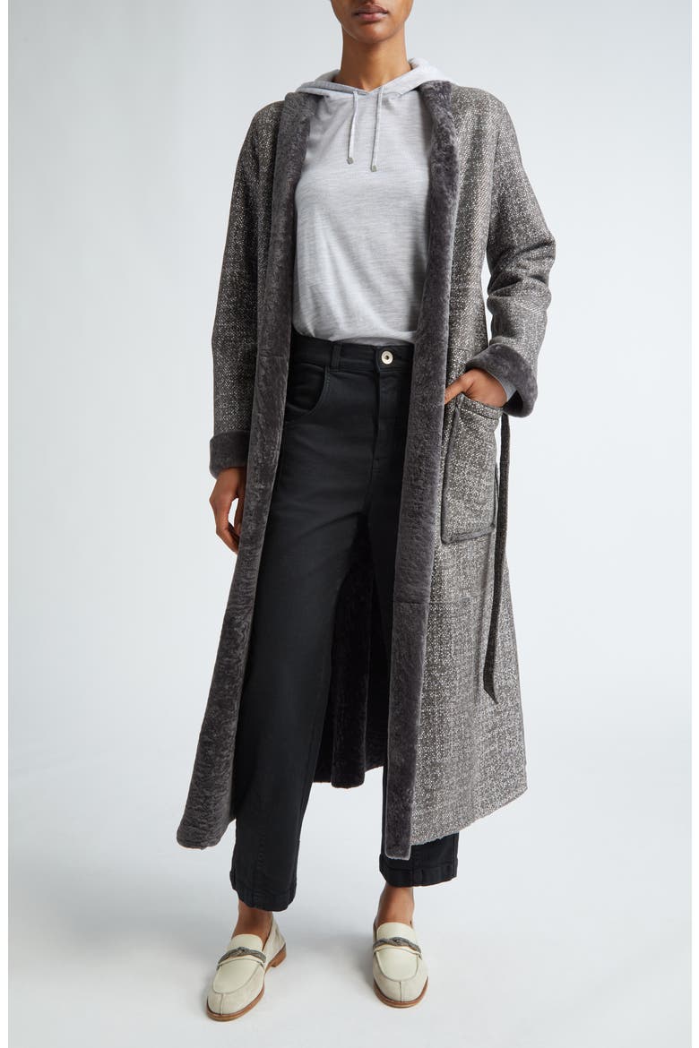 Suede & Genuine Shearling Wrap Coat, Main, color, CARBON