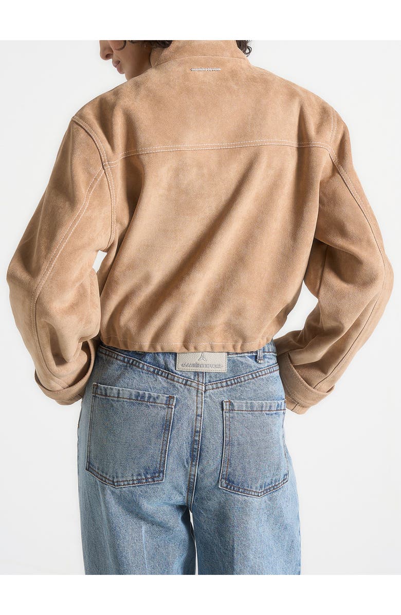 Manière De Voir Nawel Suede Contrast Stitch Jacket With Cinched Hem, Alternate, color, Beige