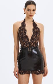 Miss Circle Faris Plunging Halter Belted Mini Dress