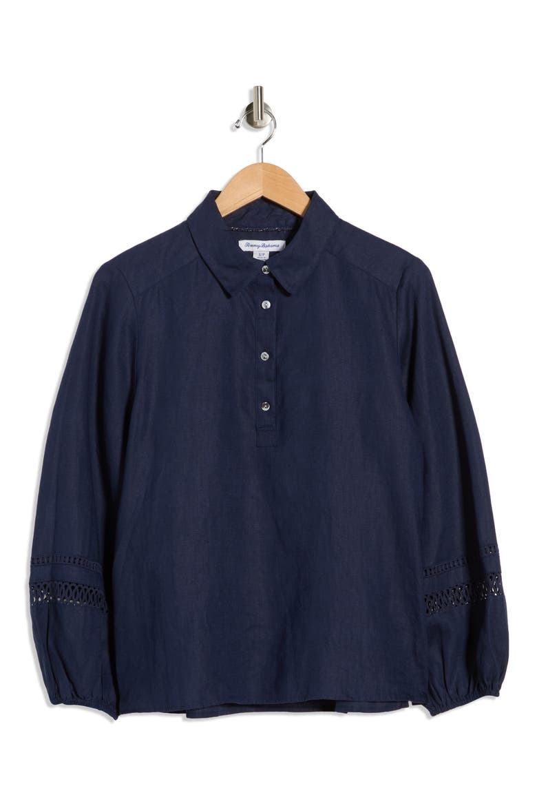 Coastalina Long Sleeve Linen Polo, Alternate, color, COASTLINE