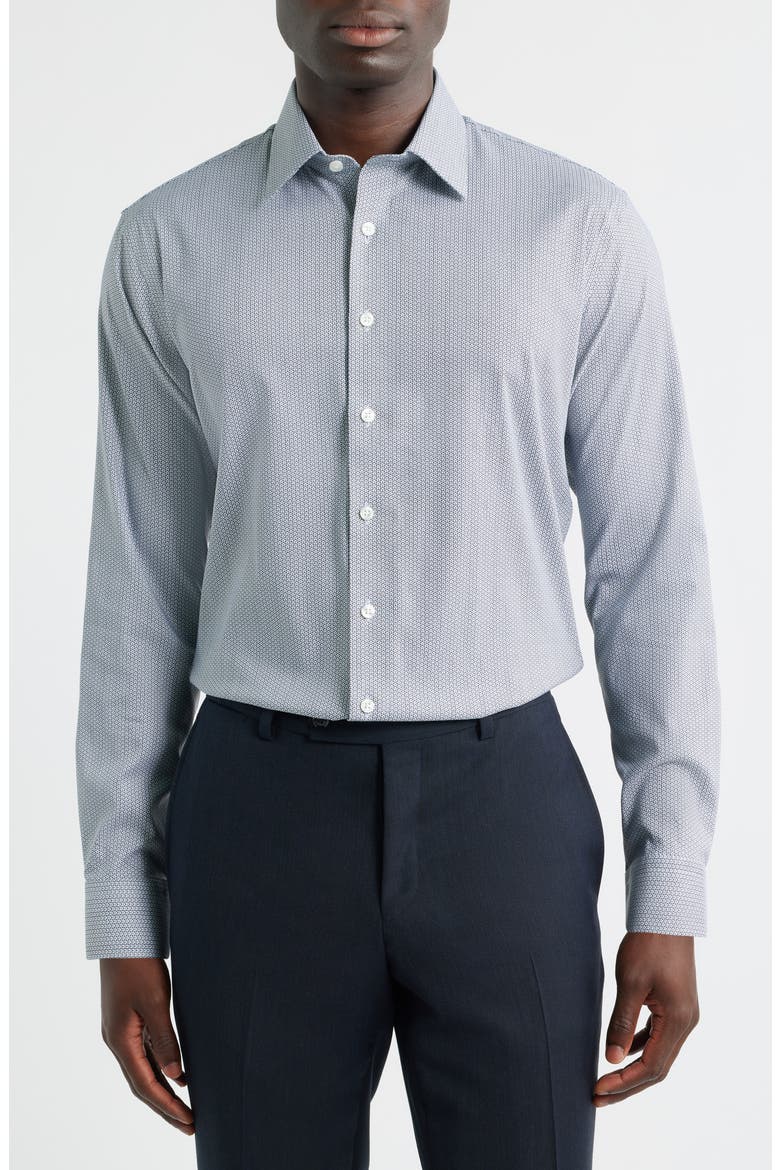 Trim Fit Geometric Print Premium Performance Twill Dress Shirt, Main, color, NAVY LAMARCA GEO