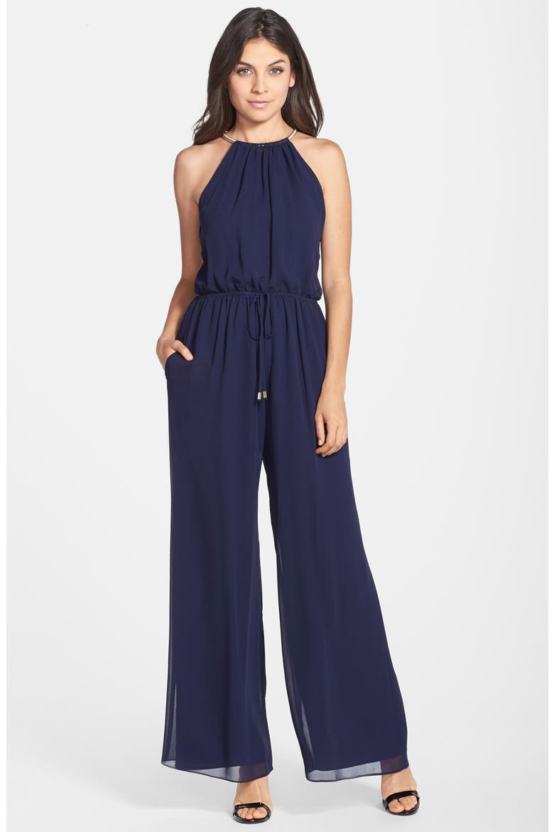 Halter Chiffon Blouson Jumpsuit, Main, color, NAVY