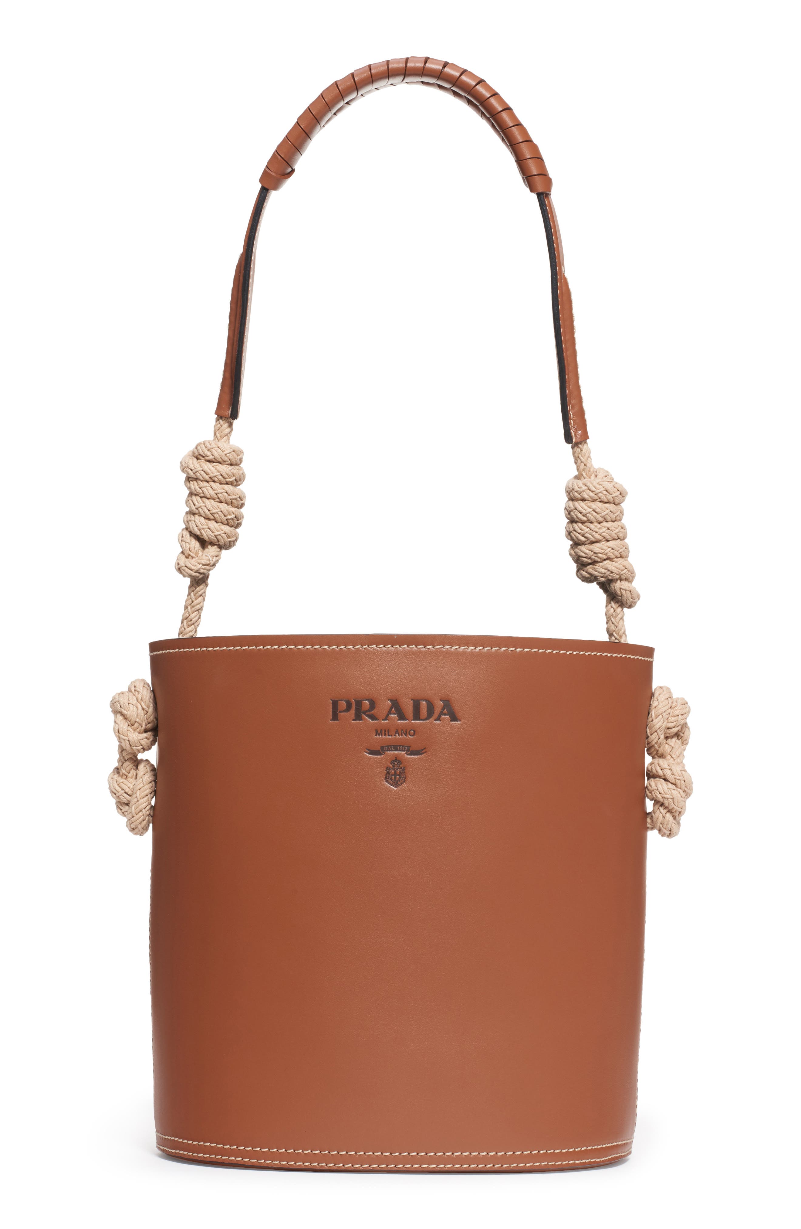 Prada Woven Top Handle Leather Bucket Bag, Main, color, 