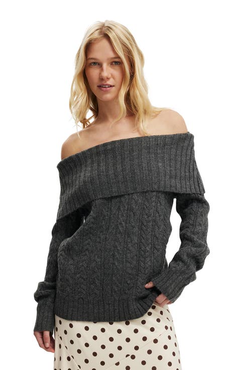 Women's Fluffy Cable Off Shoulder Knit
