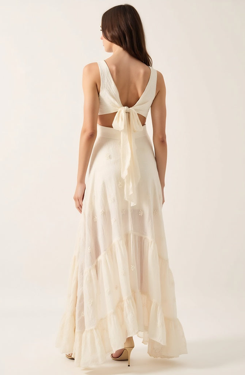 Modenaire High-low Ruffle Hem Dress With Cutout Waist And Wrap Bodice