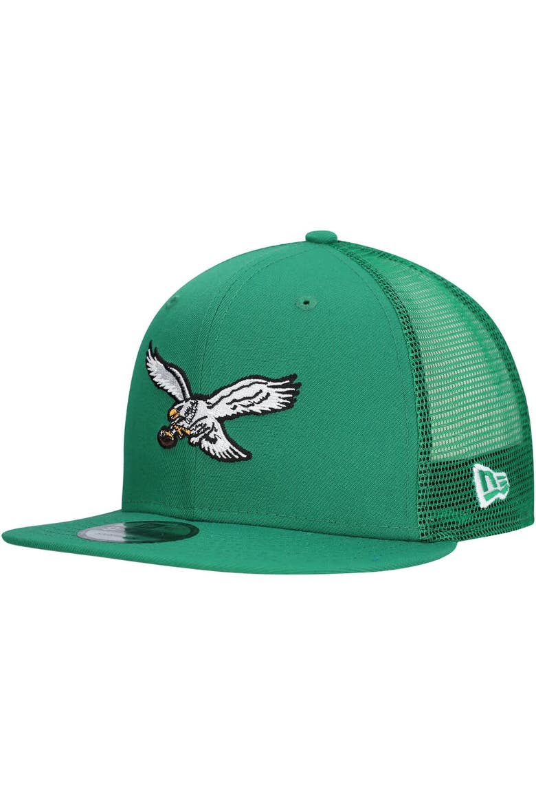 Men's New Era Kelly Green Philadelphia Eagles Throwback Main Trucker 9FIFTY Snapback Hat, Main, color, Kelly Green