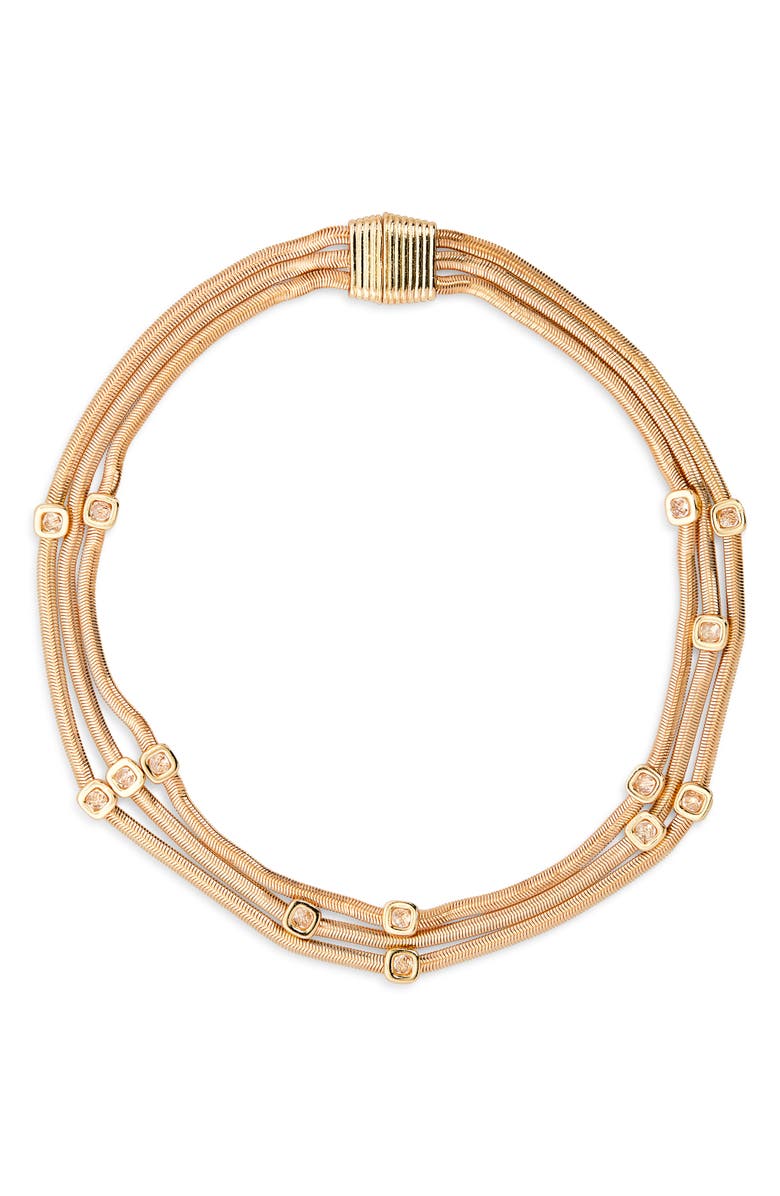 Cara Cubic Zirconia Station Layered Snake Chain Necklace, Main, color, Gold