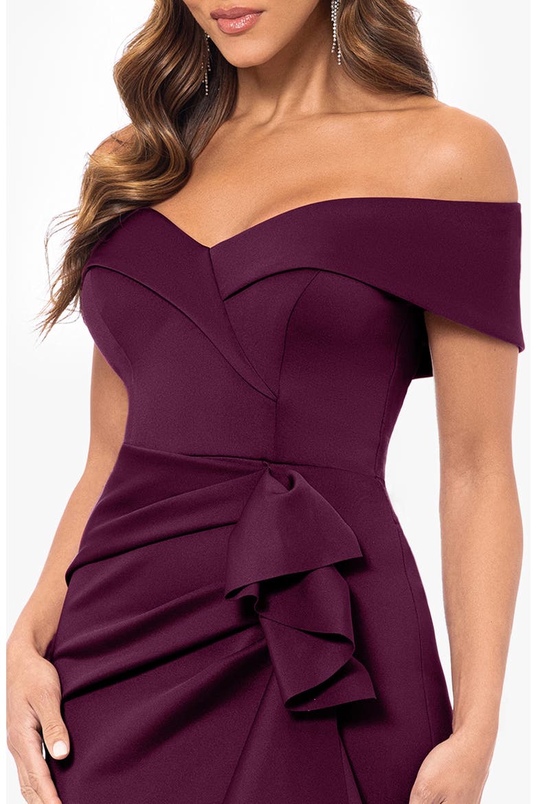 Off the Shoulder Ruffle Scuba Crepe Gown, Alternate, color, WINE