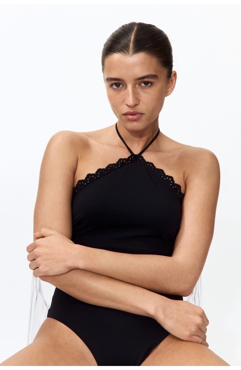 H&M Padded-cup Halterneck Swimsuit, Main, color, Black