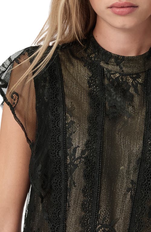Allsaints Womens Metallic Gold Fleur High-neck Lace Mini Dress In Black