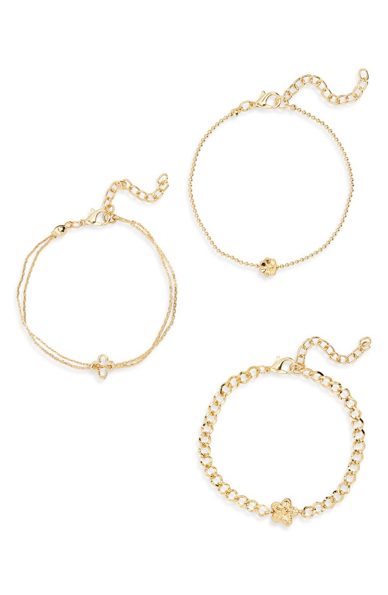 AREA STARS Set of 3 Delicate Floral Charm Bracelets, Main, color, 