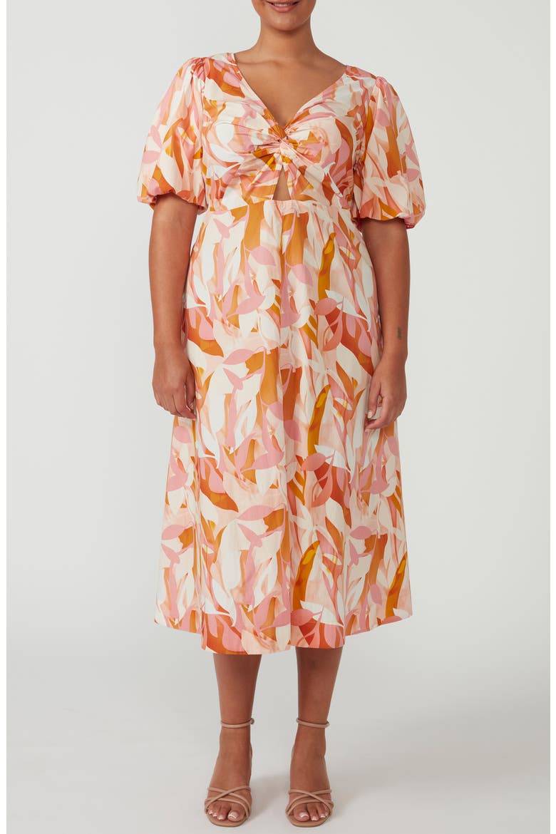 Aura Cascade Puff Sleeve Cotton Midi Dress, Main, color, PRINT