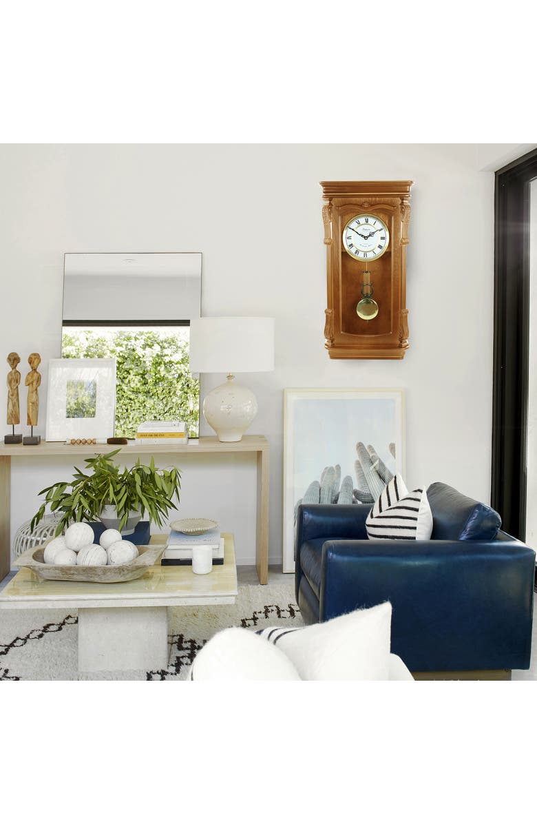 Bedford Clock Collection Rectangular Chiming Pendulum Wall Clock, Alternate, color, Golden Oak