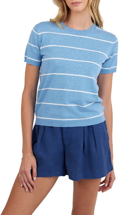 Stripe Crewneck Short Sleeve Cotton & Cashmere Top