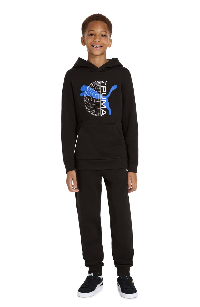 PUMA Kids' Graphic T-Shirt, Hoodie & Joggers Set, Alternate, color, Black