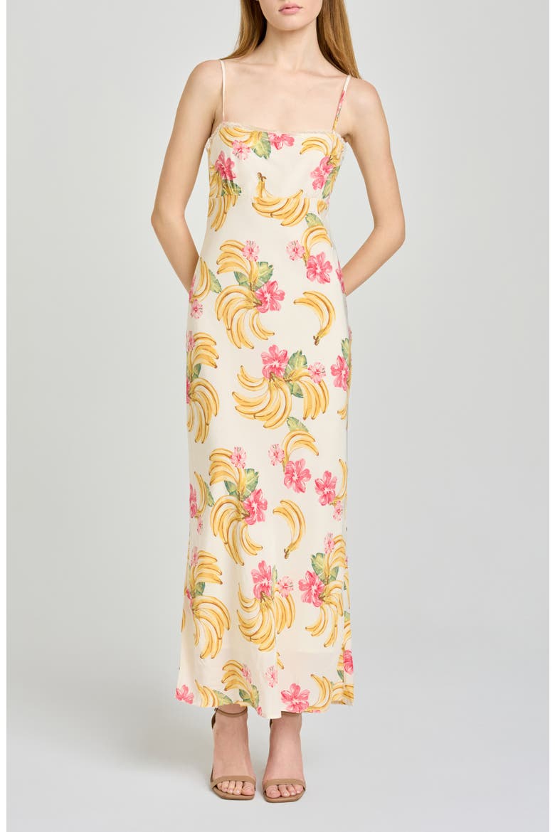 Calypso Fruit Print Lace Trim Midi Dress, Main, color, CREAM BANANAS