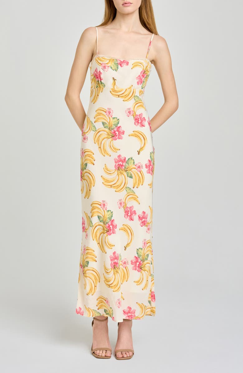 WAYF Calypso Fruit Print Lace Trim Midi Dress, Main, color, Cream Bananas