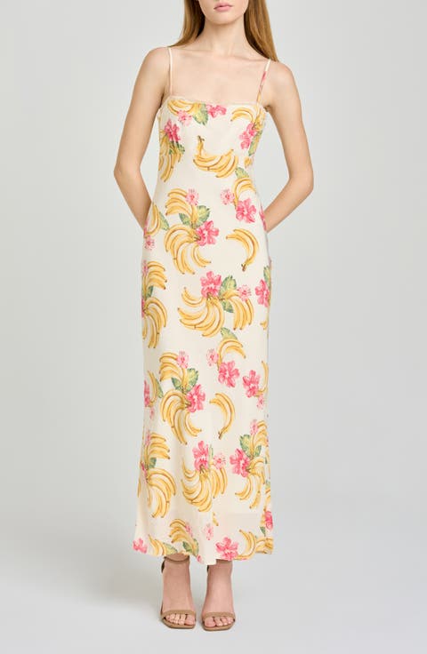 Calypso Fruit Print Lace Trim Midi Dress