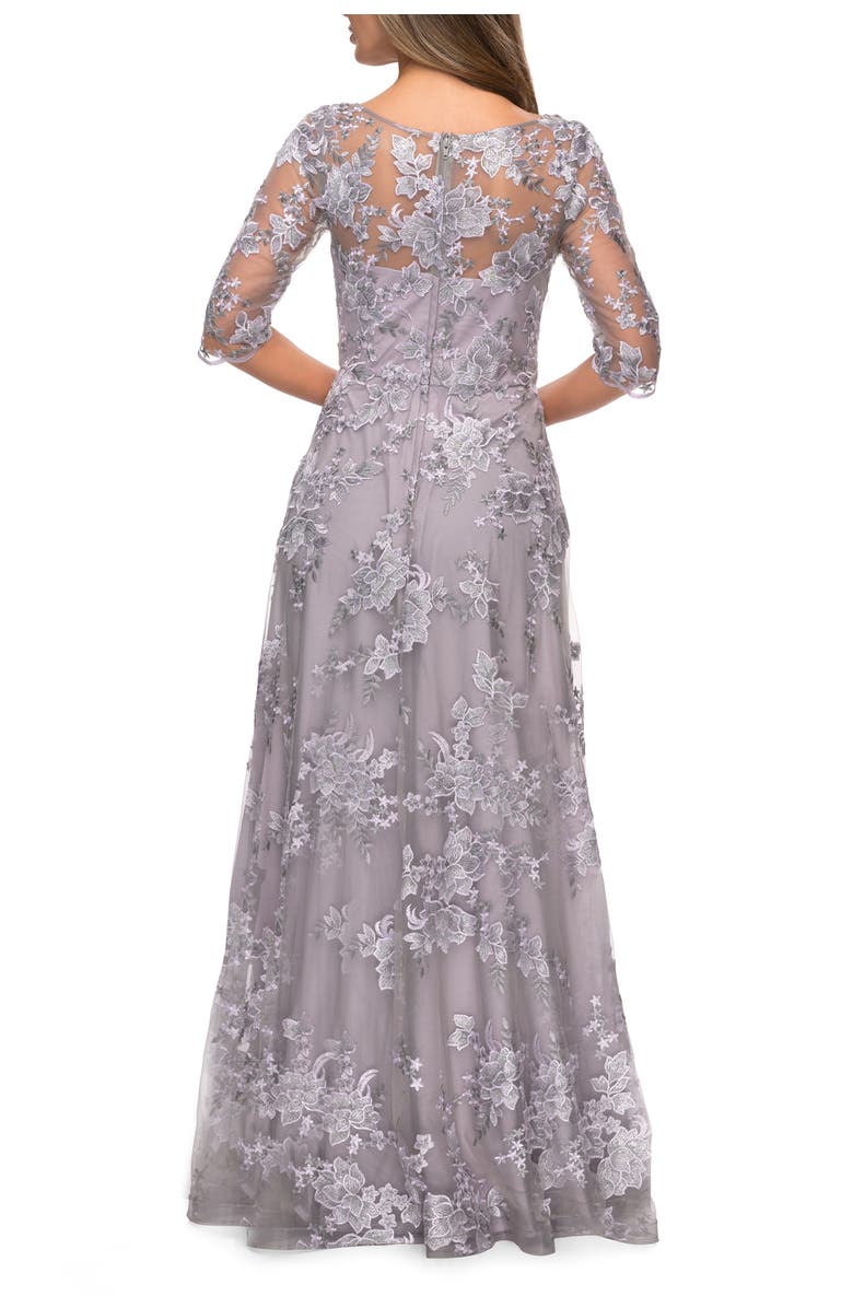 La Femme Cap Sleeve Long Evening Gown with Lace Detailing, Alternate, color, Lavender/Gray