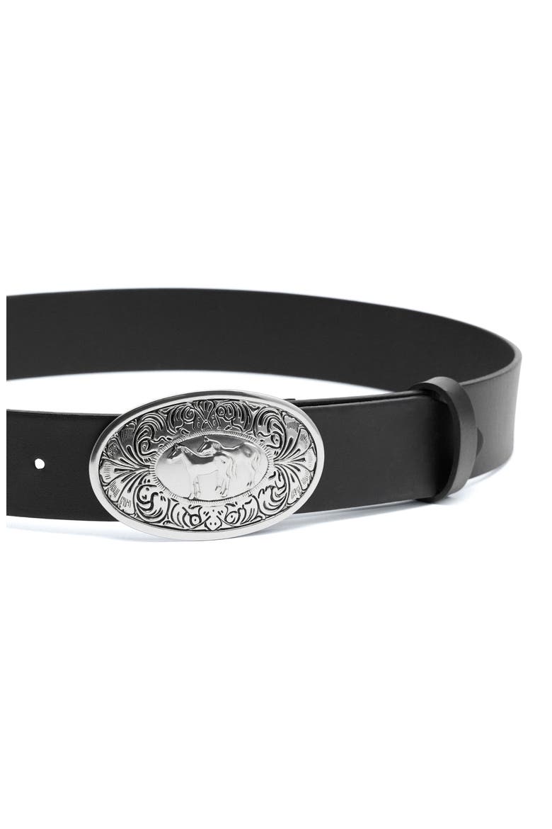 Engraved Buckle Leather Belt, Alternate, color, BLACK