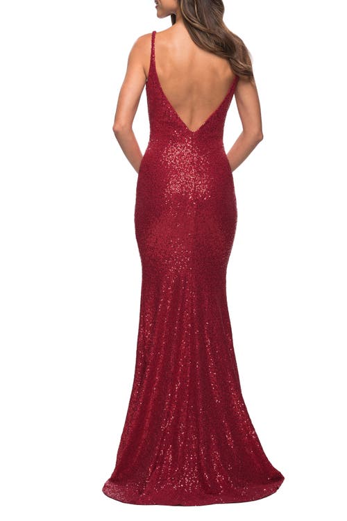 La Femme Long Stretch Sequin Gown With Low Back In Red